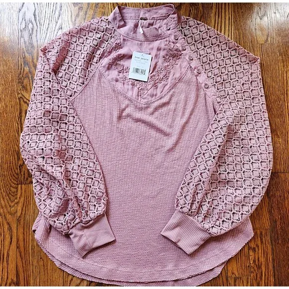 Free People Sweetest Thing Thermal Pink Blush Top Embroidery & Crochet Sz Medium - Picture 8 of 11